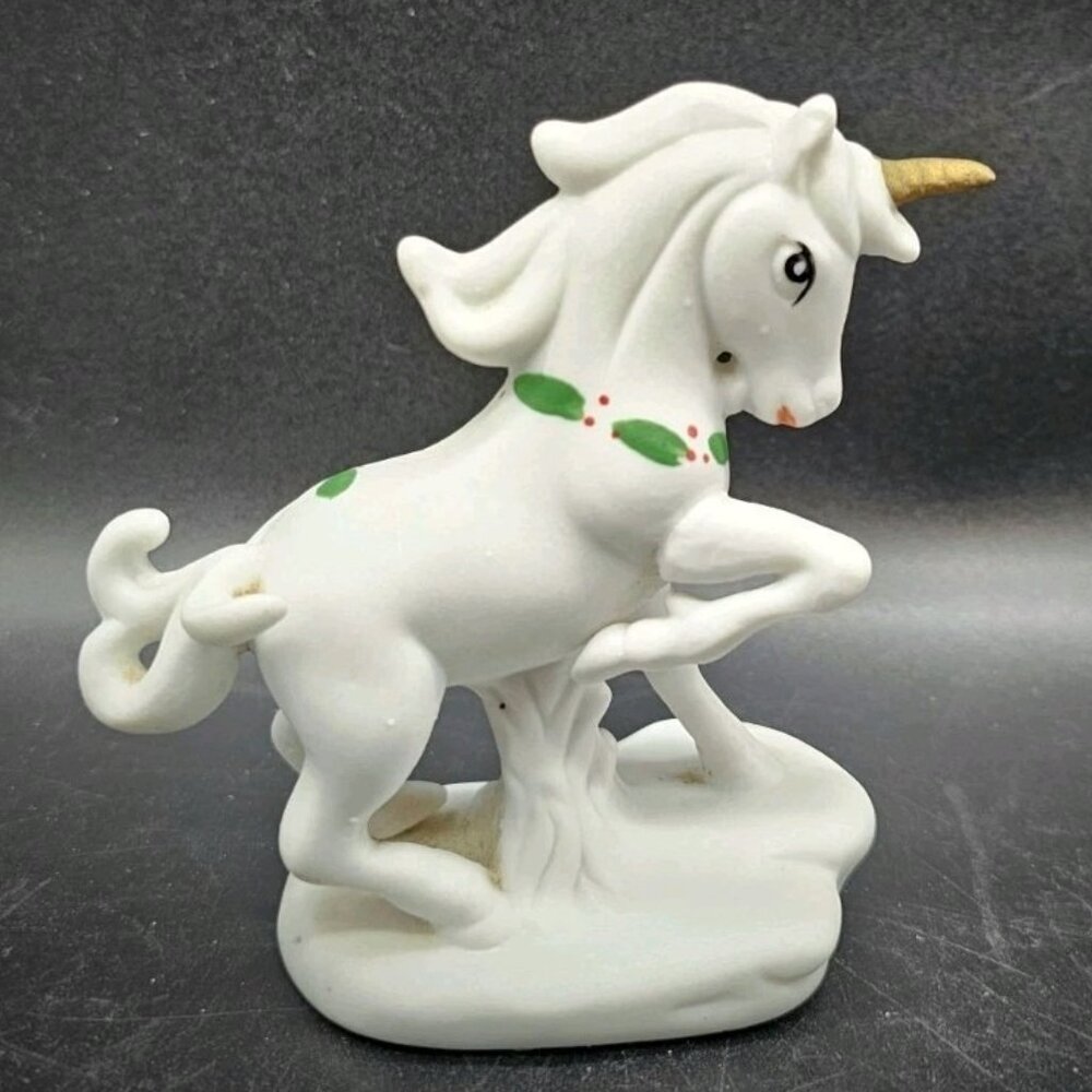 Vintage Prancing Unicorn With Christmas Holly Collar Ceramic Figurine Fantasy